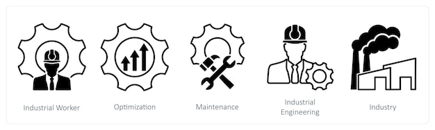 Un conjunto de 5 iconos industriales como mantenimiento de optimización de trabajadores industriales