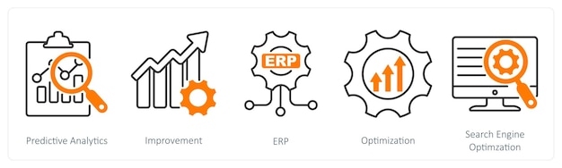 Un conjunto de 5 iconos industriales como mejora del ERP de análisis predictivo