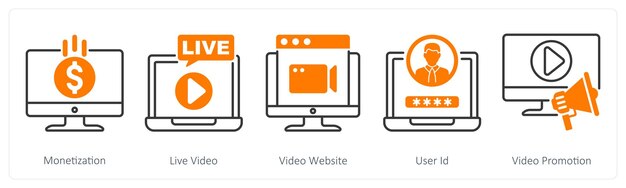 Un conjunto de 5 íconos de Influencer como monetización de video en vivo del sitio web de video