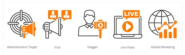 Un conjunto de 5 íconos de Influencer como objetivo de publicidad viral vlogger video en vivo