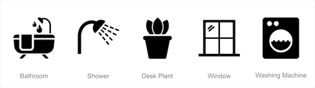 Vector un conjunto de 5 iconos de interior del hogar como planta de mesa de ducha del baño