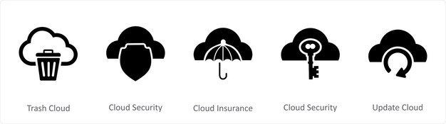 Un conjunto de 5 iconos de Internet como basura nube nube seguridad nube seguro