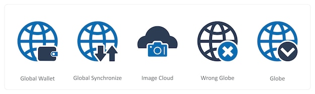 Un conjunto de 5 iconos de Internet como billetera global nube de imagen de sincronización global
