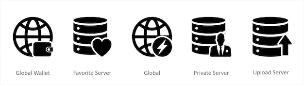 Un conjunto de 5 iconos de Internet como billetera global servidor favorito global