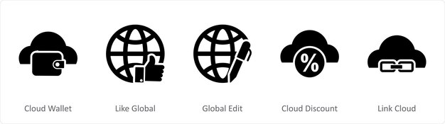 Un conjunto de 5 iconos de Internet como billetera en la nube como global global editar