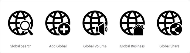 Un conjunto de 5 iconos de Internet como búsqueda global agregar volumen global global