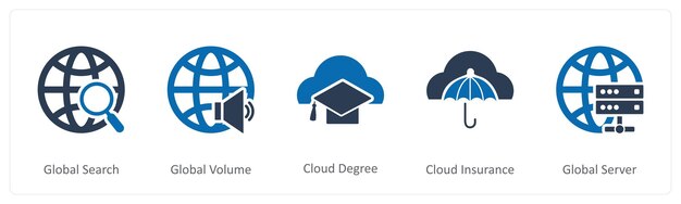 Un conjunto de 5 iconos de Internet como búsqueda global grado de nube de volumen global