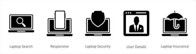 Un conjunto de 5 íconos de Internet como búsqueda de portátil sensible a la seguridad de portátil