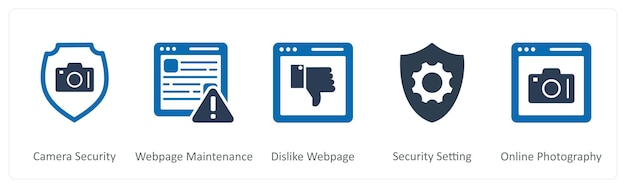 Un conjunto de 5 iconos de Internet como cámara de seguridad página web mantenimiento no me gusta página web