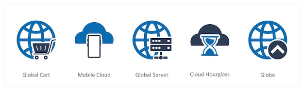 Un conjunto de 5 íconos de Internet como carro global nube móvil servidor global