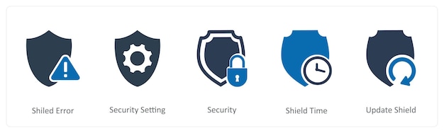 Un conjunto de 5 iconos de Internet como configuración de seguridad de error de escudo tiempo de escudo de seguridad