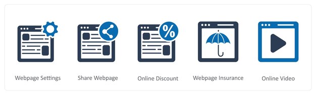 Un conjunto de 5 iconos de Internet como configuraciones de página web compartir página web descuento en línea