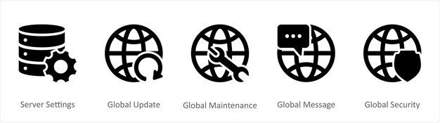 Un conjunto de 5 iconos de Internet como configuraciones de servidor actualización global mantenimiento global