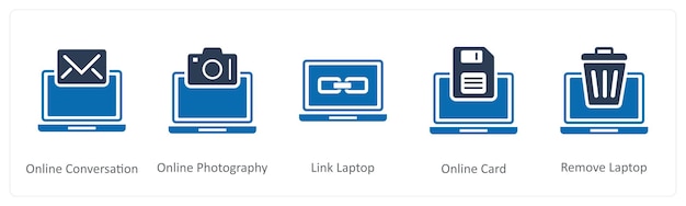 Un conjunto de 5 iconos de Internet como conversación en línea fotografía en línea enlace portátil