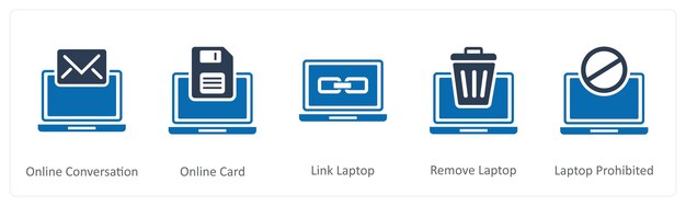 Un conjunto de 5 iconos de Internet como conversación en línea tarjeta en línea enlace portátil