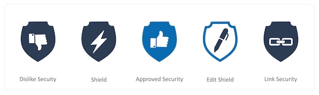 Un conjunto de 5 iconos de Internet como desagradable escudo de seguridad aprobado seguridad