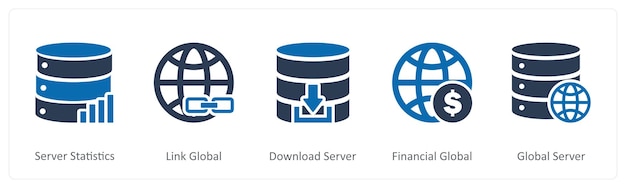 Un conjunto de 5 iconos de Internet como enlace de estadísticas de servidor servidor de descarga global