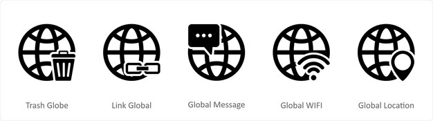 Un conjunto de 5 íconos de Internet como enlace de globo de basura mensaje global global