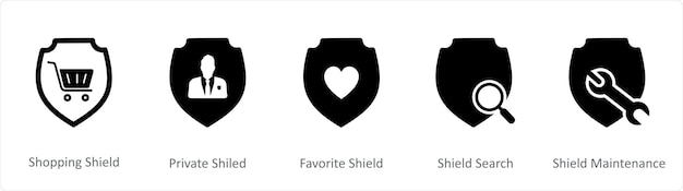 Un conjunto de 5 iconos de Internet como escudo de compras escudo privado escudo favorito escudo
