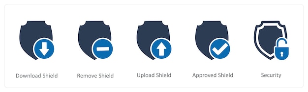Un conjunto de 5 iconos de Internet como escudo de descarga quitar escudo subir escudo