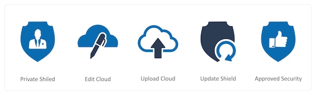 Un conjunto de 5 iconos de Internet como escudo privado editar nube cargar nube