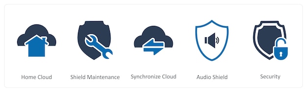 Un conjunto de 5 íconos de Internet como hogar escudo de nube mantenimiento sincronizar nube