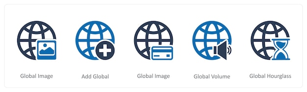 Un conjunto de 5 iconos de Internet como imagen global agrega volumen global global