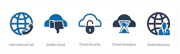 Un conjunto de 5 iconos de Internet como llamada internacional no les gusta la seguridad de la nube de la nube