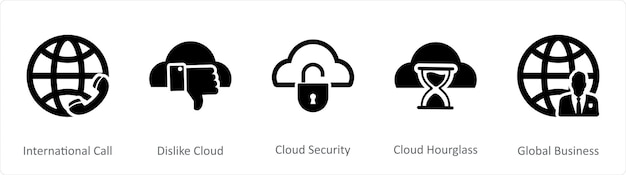Un conjunto de 5 iconos de Internet como llamada internacional no les gusta la seguridad de la nube de la nube