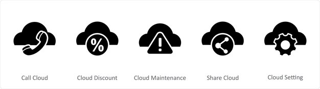 Un conjunto de 5 íconos de Internet como llamada nube nube descuento mantenimiento de la nube