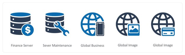 Un conjunto de 5 íconos de Internet como mantenimiento de servidores de servidores de finanzas de negocios globales