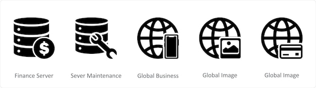 Un conjunto de 5 íconos de Internet como mantenimiento de servidores de servidores de finanzas de negocios globales