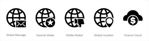 Un conjunto de 5 íconos de Internet como mensaje global favorito globo disgusto global