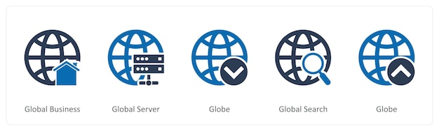 Un conjunto de 5 íconos de Internet como negocio global servidor globo