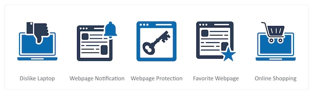 Un conjunto de 5 iconos de Internet como no me gusta la página web del portátil notificación protección de la página web