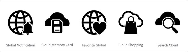 Un conjunto de 5 iconos de Internet como notificación global tarjeta de memoria en la nube favorita global