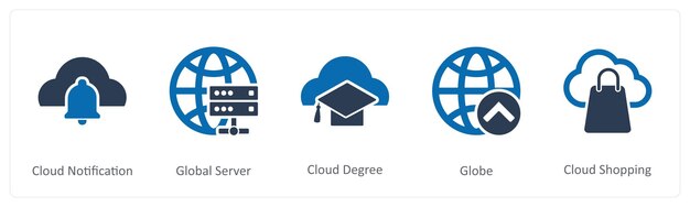 Un conjunto de 5 iconos de Internet como notificación de nube grado de nube de servidor global