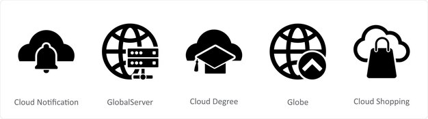 Un conjunto de 5 iconos de Internet como notificación de nube grado de nube de servidor global