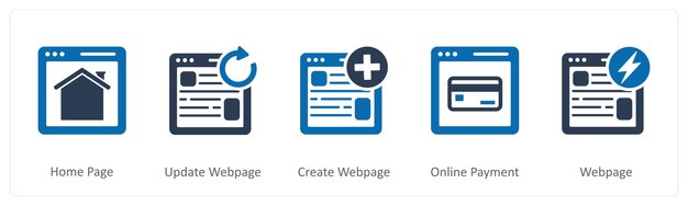 Un conjunto de 5 iconos de Internet como página de inicio actualización de página web crear página web