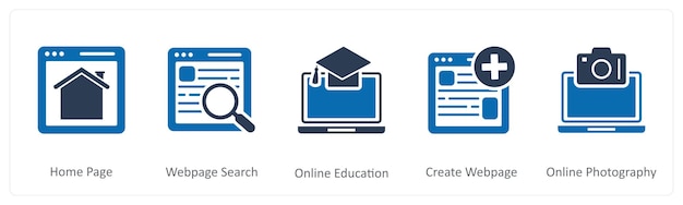 Un conjunto de 5 iconos de Internet como página de inicio página web búsqueda educación en línea