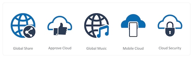 Un conjunto de 5 íconos de Internet como participación global aprueban la música global en la nube
