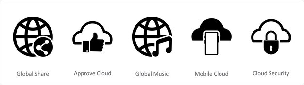 Un conjunto de 5 íconos de Internet como participación global aprueban la música global en la nube