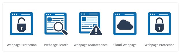 Un conjunto de 5 iconos de Internet como protección de página web búsqueda de página web mantenimiento de página web