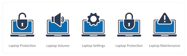 Un conjunto de 5 iconos de Internet como la protección del portátil la configuración del volumen del portátil