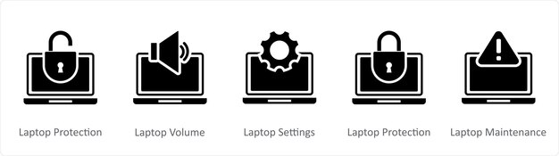 Un conjunto de 5 iconos de Internet como la protección del portátil la configuración del volumen del portátil