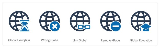 Un conjunto de 5 iconos de Internet como reloj de arena global globo equivocado