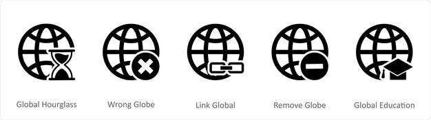 Un conjunto de 5 iconos de Internet como reloj de arena global globo equivocado
