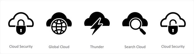 Un conjunto de 5 iconos de Internet como seguridad en la nube nube global trueno nube de búsqueda