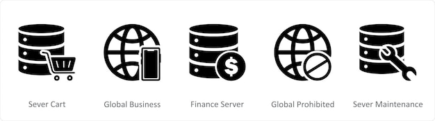 Un conjunto de 5 íconos de Internet como servidor de carrito servidor de finanzas empresariales globales