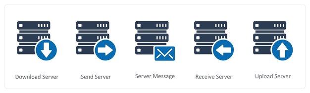 Un conjunto de 5 iconos de Internet como servidor de descarga enviar mensaje servidor servidor